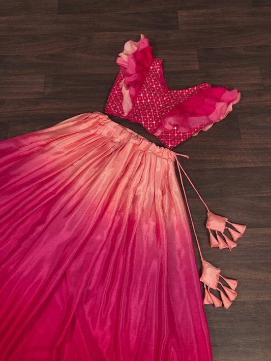 Designer Chinnon Pedding Sequins & Chikankari Embroidered Lehenga Choli with Layered Frill Blouse