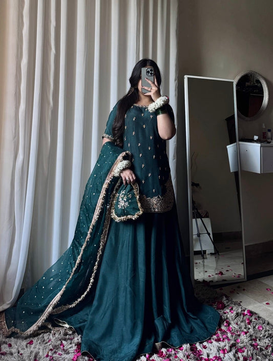 Designer Chinon Silk Embroidered Top Palazzo Set with Lace Dupatta