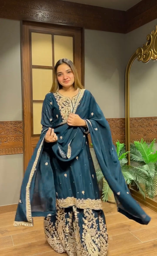 Designer Chinon Silk Embroidered Top Palazzo Set with Matching Dupatta