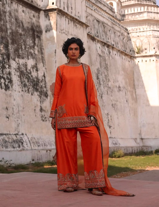 Designer Chinon Silk Embroidered Top Palazzo Set with Organza Dupatta