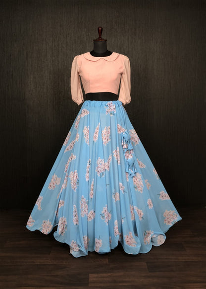 Designer Faux Georgette Digital Printed Crop Top Lehenga Set with 7-Meter Flair