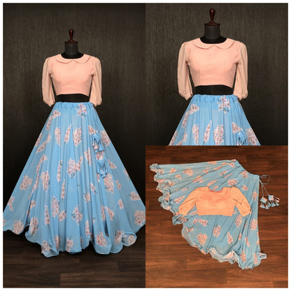 Designer Faux Georgette Digital Printed Crop Top Lehenga Set with 7-Meter Flair