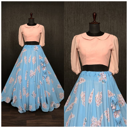 Designer Faux Georgette Digital Printed Crop Top Lehenga Set with 7-Meter Flair