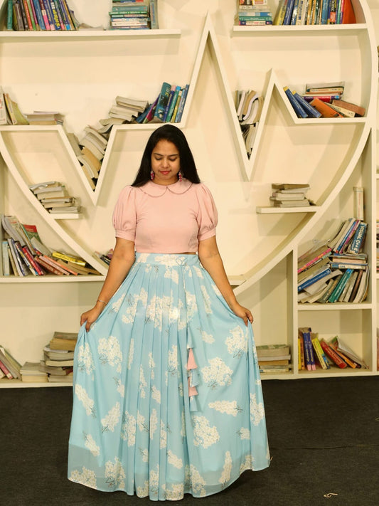 Designer Faux Georgette Digital Printed Crop Top Lehenga Set with 7-Meter Flair