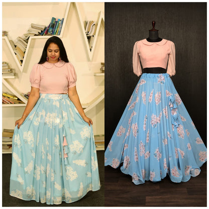 Designer Faux Georgette Digital Printed Crop Top Lehenga Set with 7-Meter Flair
