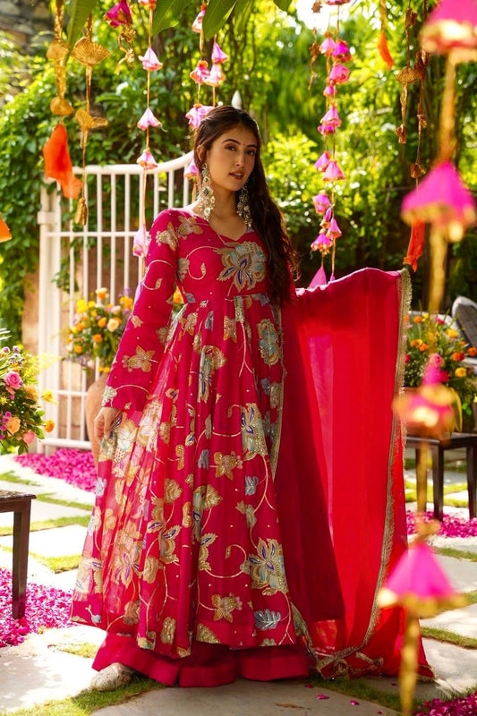 Designer Heavy Faux Georgette Embroidered Gown with Sharara & Dupatta