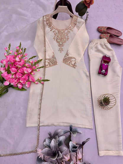 Designer Party Wear Roman Silk Top Pant Set with Organza Dupatta