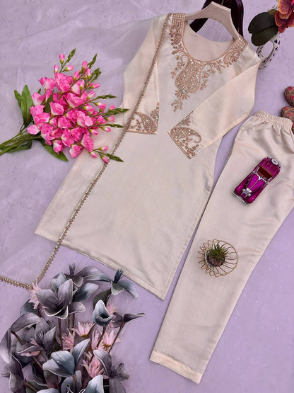 Designer Party Wear Roman Silk Top Pant Set with Organza Dupatta