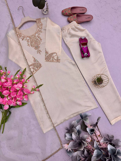 Designer Party Wear Roman Silk Top Pant Set with Organza Dupatta