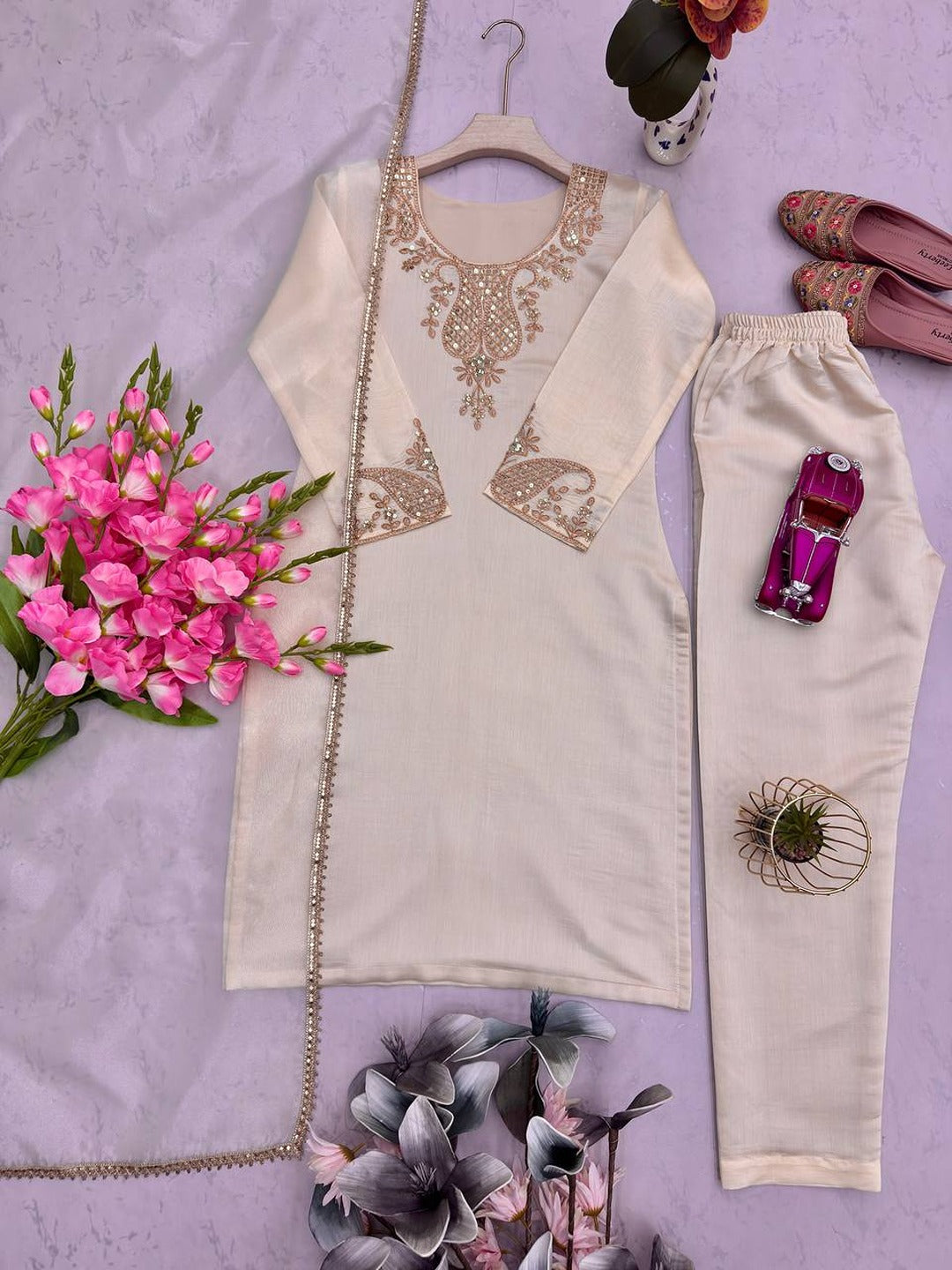 Designer Party Wear Roman Silk Top Pant Set with Organza Dupatta