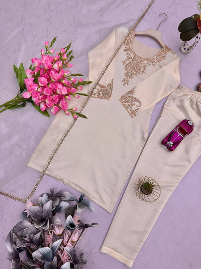 Designer Party Wear Roman Silk Top Pant Set with Organza Dupatta