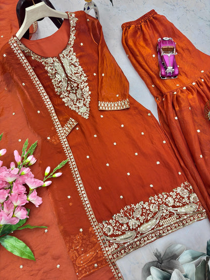 Designer Party Wear Two Tone Fandy Silk Top Sharara Set with Embroidered Dupatta