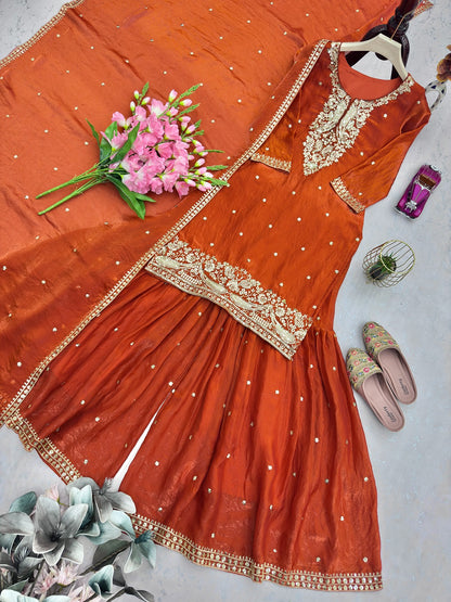 Designer Party Wear Two Tone Fandy Silk Top Sharara Set with Embroidered Dupatta