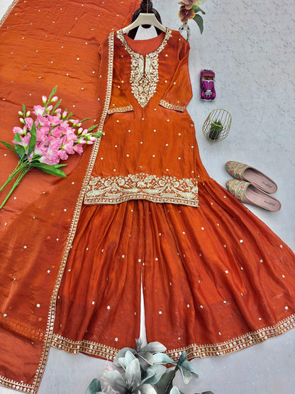 Designer Party Wear Two Tone Fandy Silk Top Sharara Set with Embroidered Dupatta