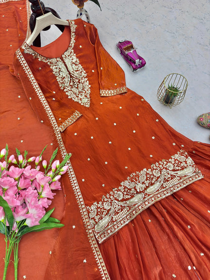 Designer Party Wear Two Tone Fandy Silk Top Sharara Set with Embroidered Dupatta