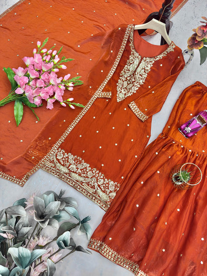 Designer Party Wear Two Tone Fandy Silk Top Sharara Set with Embroidered Dupatta