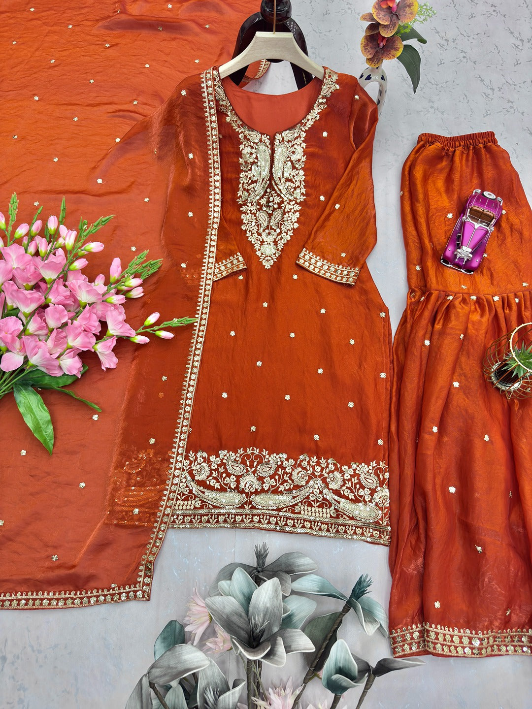 Designer Party Wear Two Tone Fandy Silk Top Sharara Set with Embroidered Dupatta