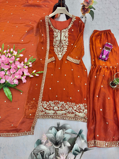 Designer Party Wear Two Tone Fandy Silk Top Sharara Set with Embroidered Dupatta