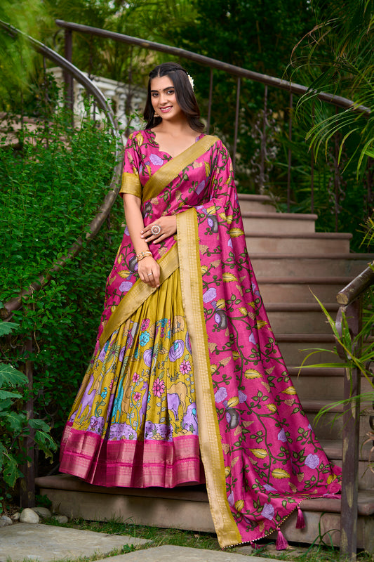 Dola Silk Kalamkari Print Lehenga Choli with Zari Weaving Border – AKANKSHA Collection