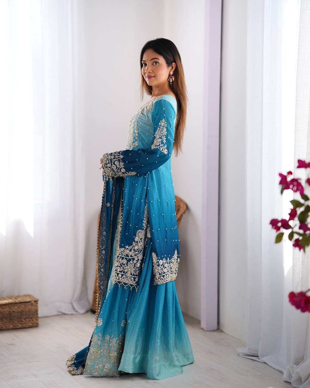 BLUE WEDDING WEAR CHINON SILK PLAZZO DRESS