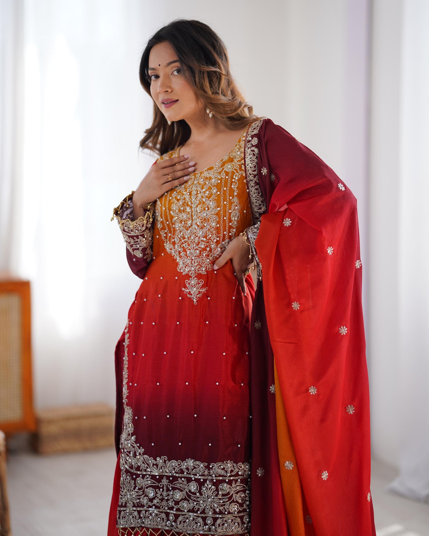 Red Wine Color Wedding Wear Chinon Silk Plazzo Dress