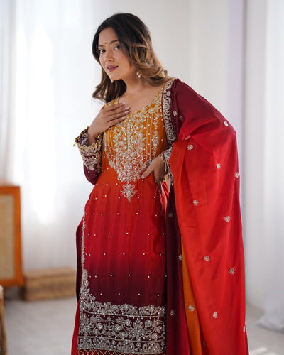 Red Wine Color Wedding Wear Chinon Silk Plazzo Dress
