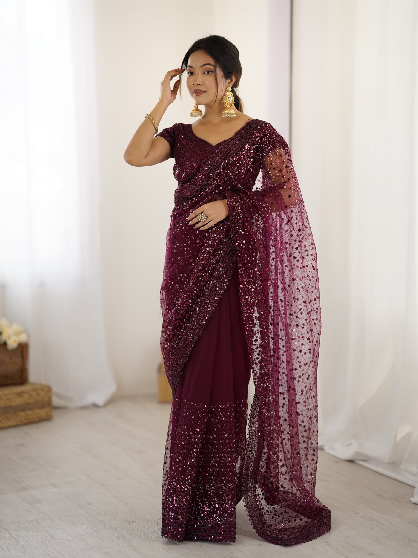 Wine Color Net Saree With Fancy Dupatta