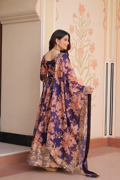 English Russian Silk Gown With Printed Dupatta