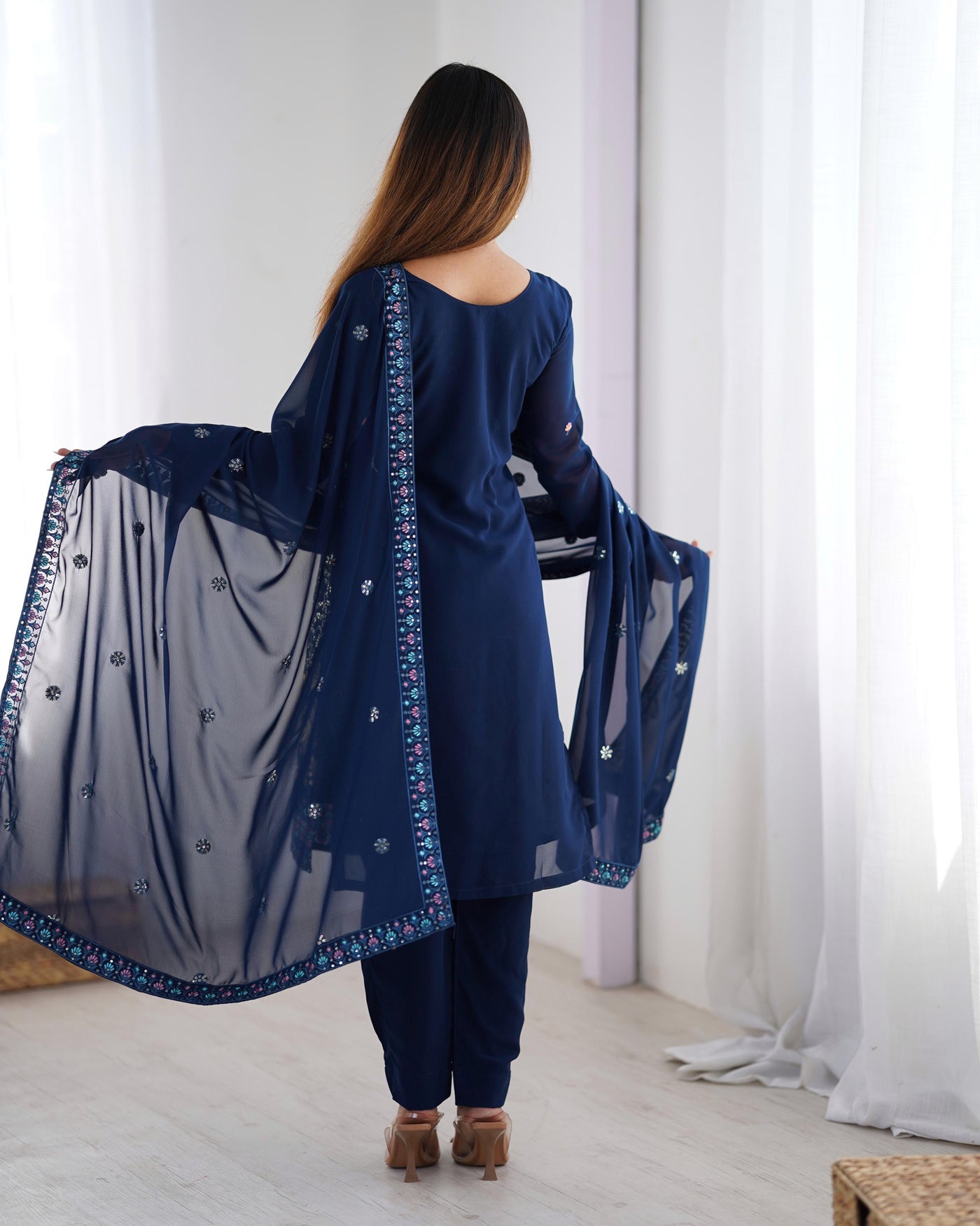 Royal Blue Color Faux Georgette Suit With Fancy Dupatta