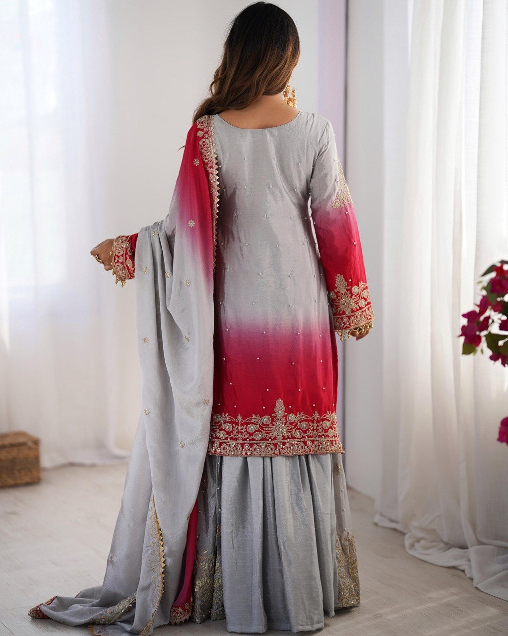 Dusty Pink Color Wedding Wear Chinon Silk Plazzo Dress