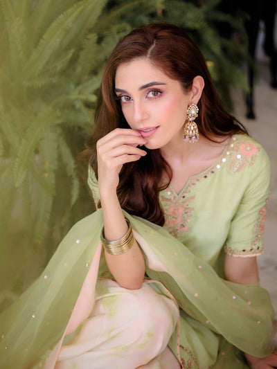 Designer Party Wear Natural Crepe Top & Farshi Palazzo Set With Organza Dupatta