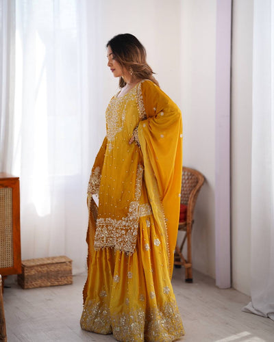 YELLOW WEDDING WEAR CHINON SILK PLAZZO DRESS