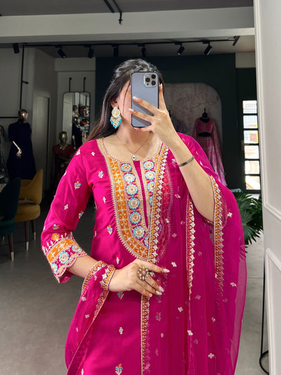 Pink Moonga Silk Dress Set With Embroidery Dupatta