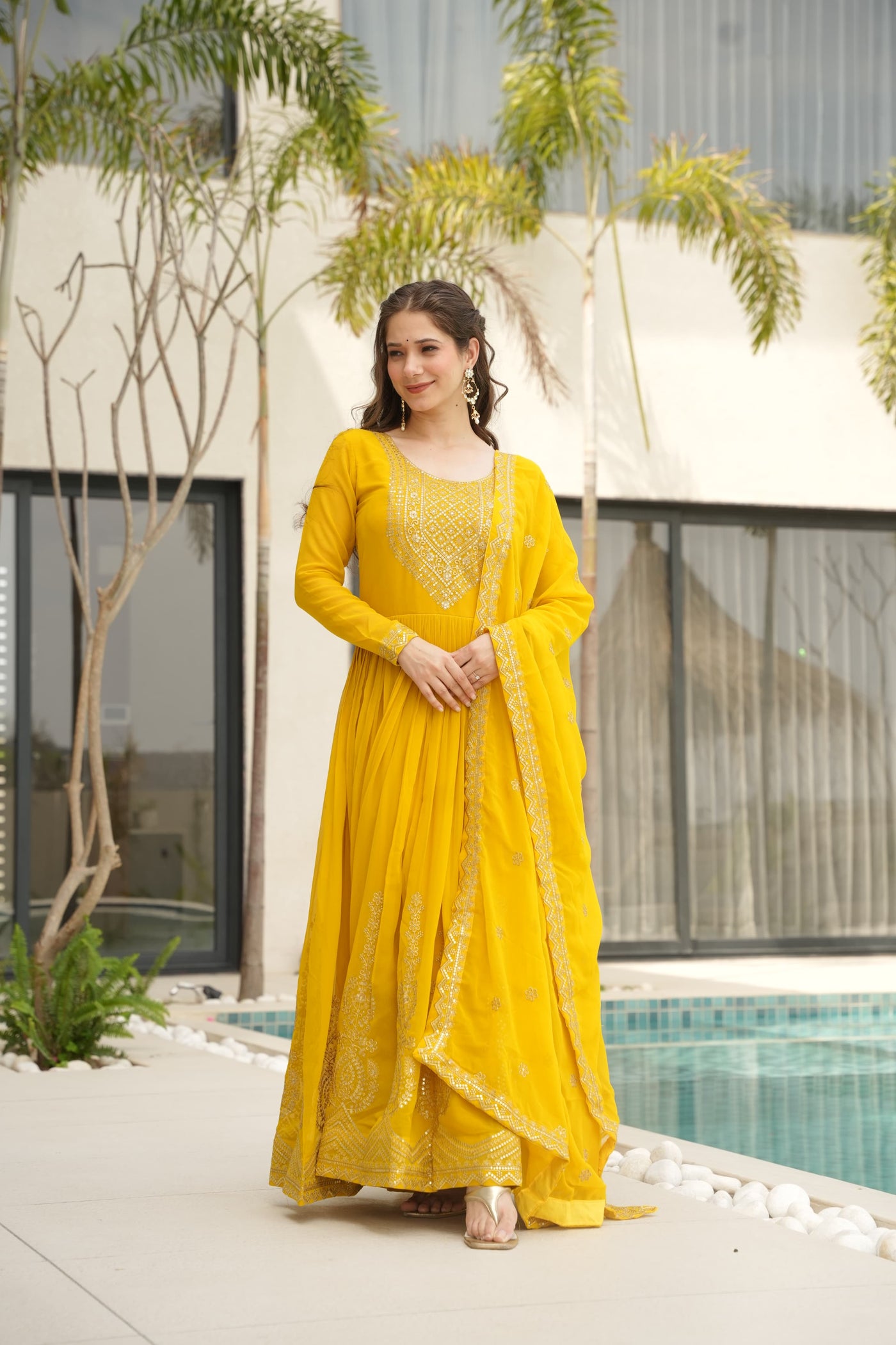 Ethnic Faux Blooming Gown With Embroidery Dupatta