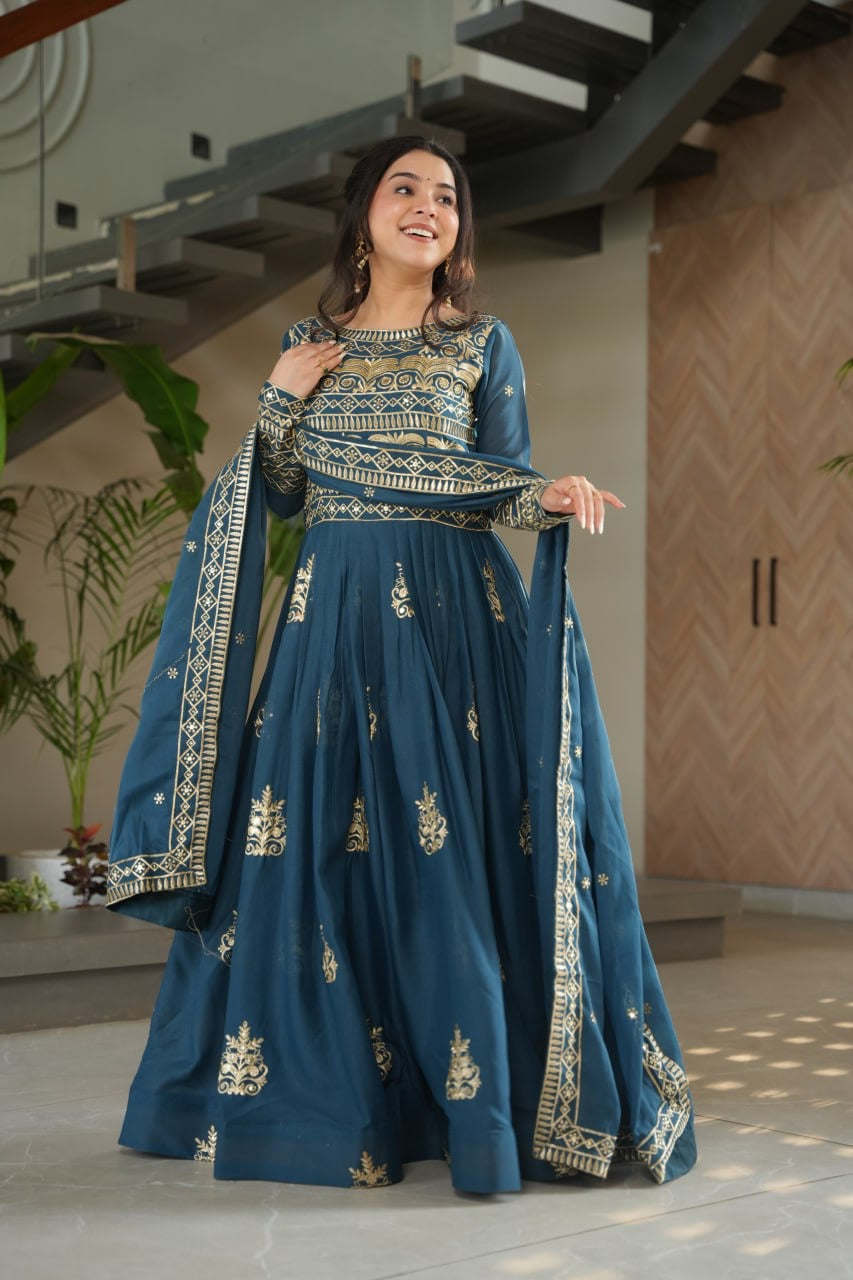 Green Teal Color Chinon Gown With Embroidery Dupatta