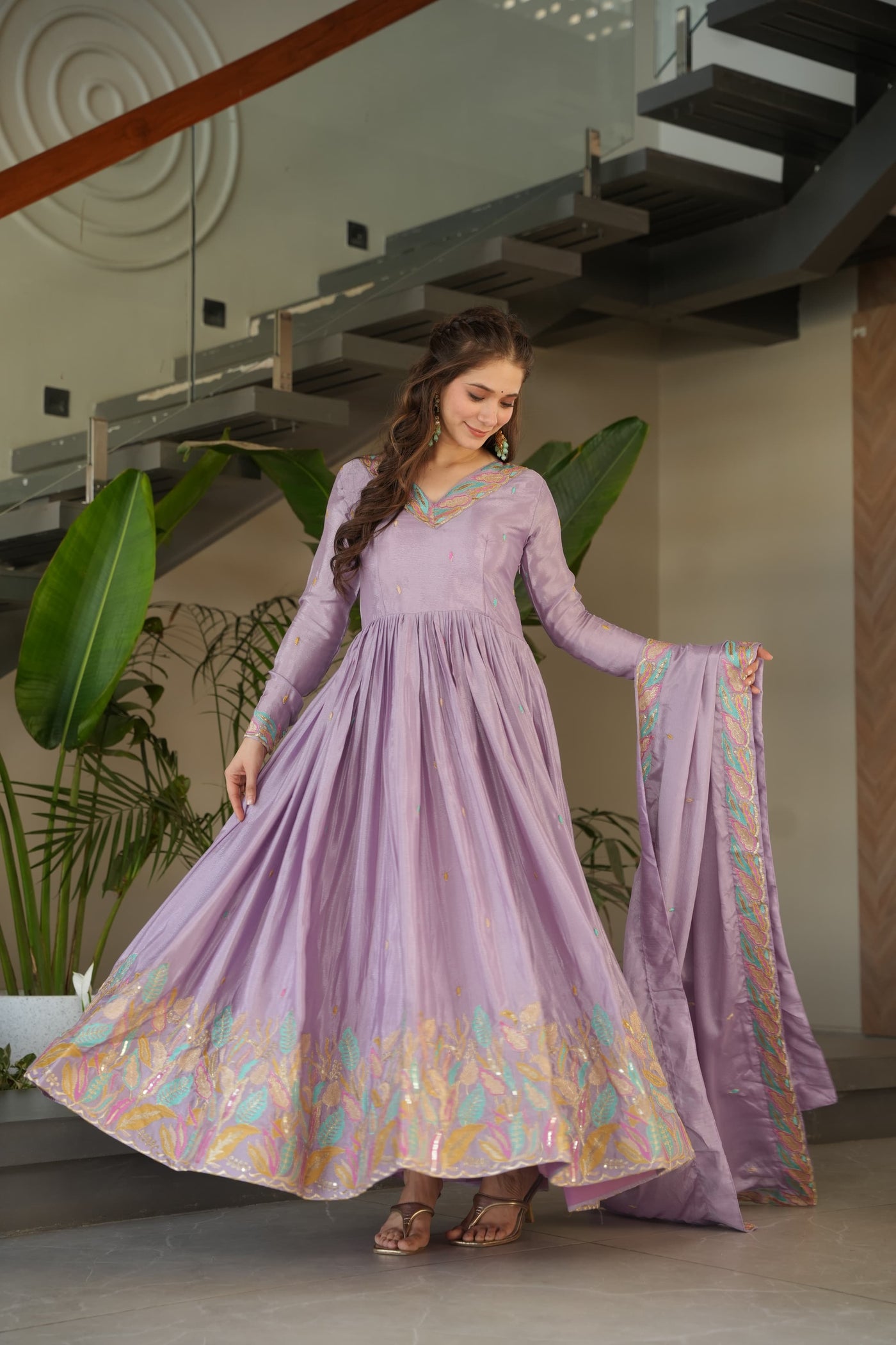 Chinnon Fabric Gown With Sequins & Multi-Thread Embroidered Dupatta