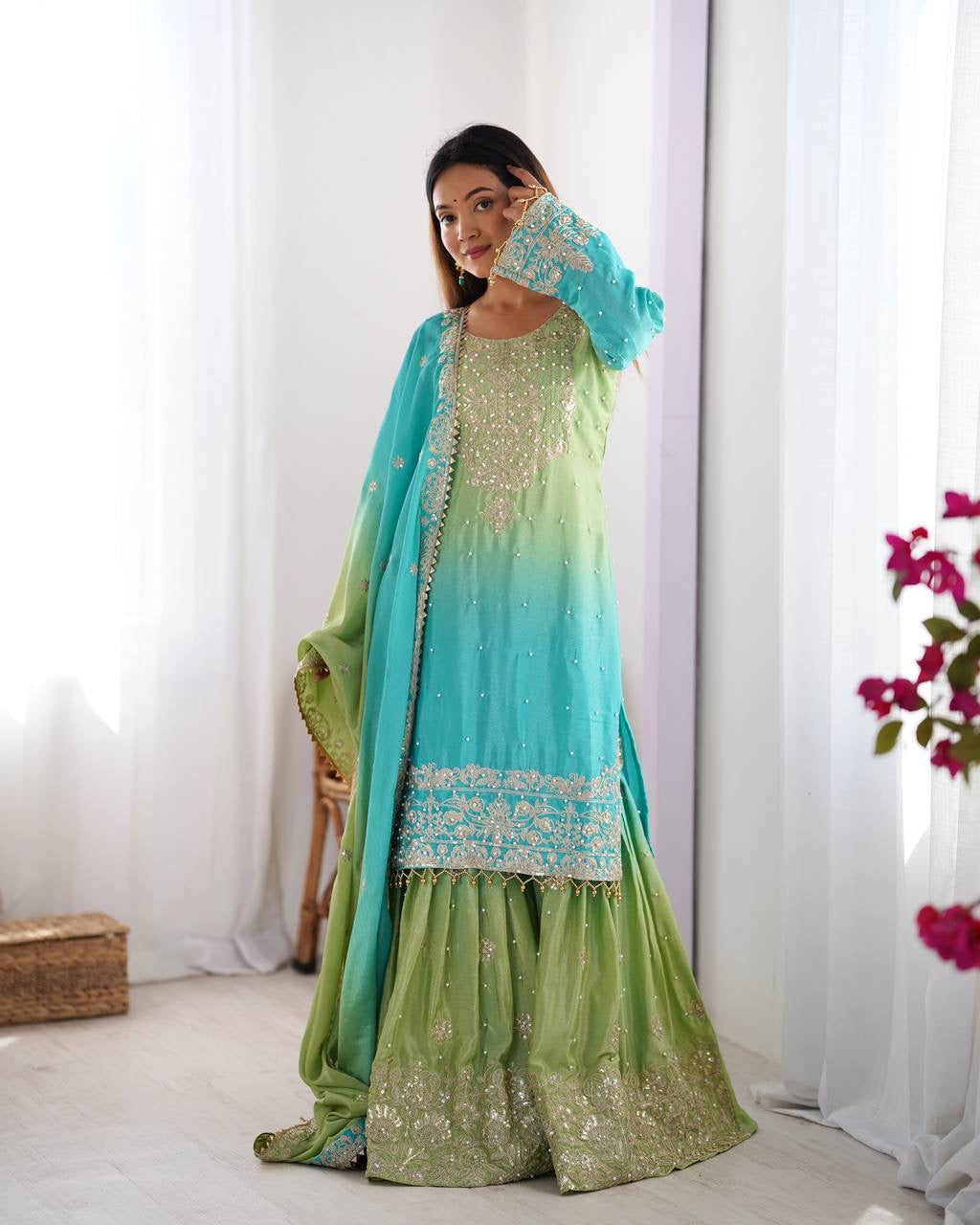 GREEN WITH SKY COLOR WEDDING WEAR CHINON SILK PLAZZO DRESS