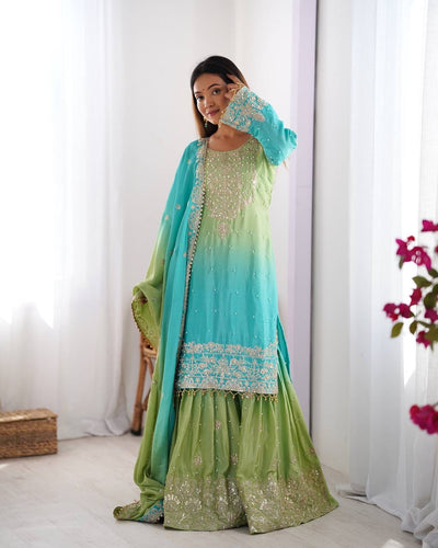 GREEN WITH SKY COLOR WEDDING WEAR CHINON SILK PLAZZO DRESS