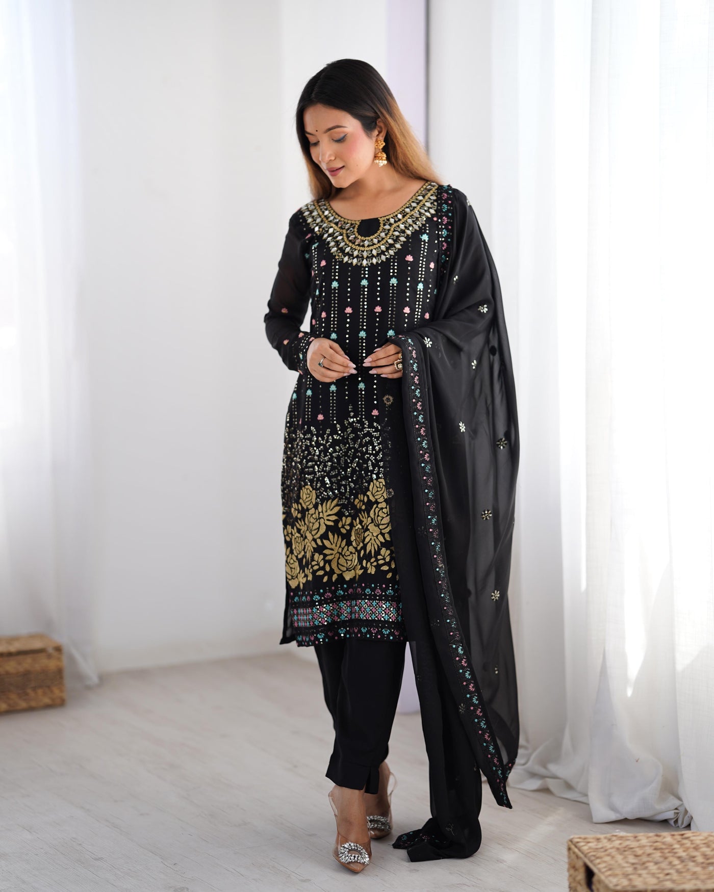 Black Color Faux Georgette Suit With Fancy Dupatta