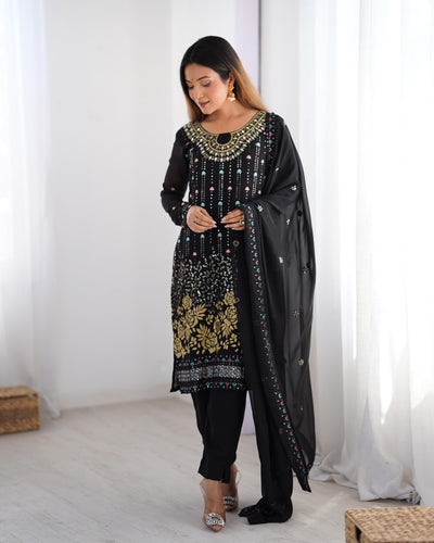 Black Color Faux Georgette Suit With Fancy Dupatta