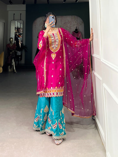 Pink Moonga Silk Dress Set With Embroidery Dupatta