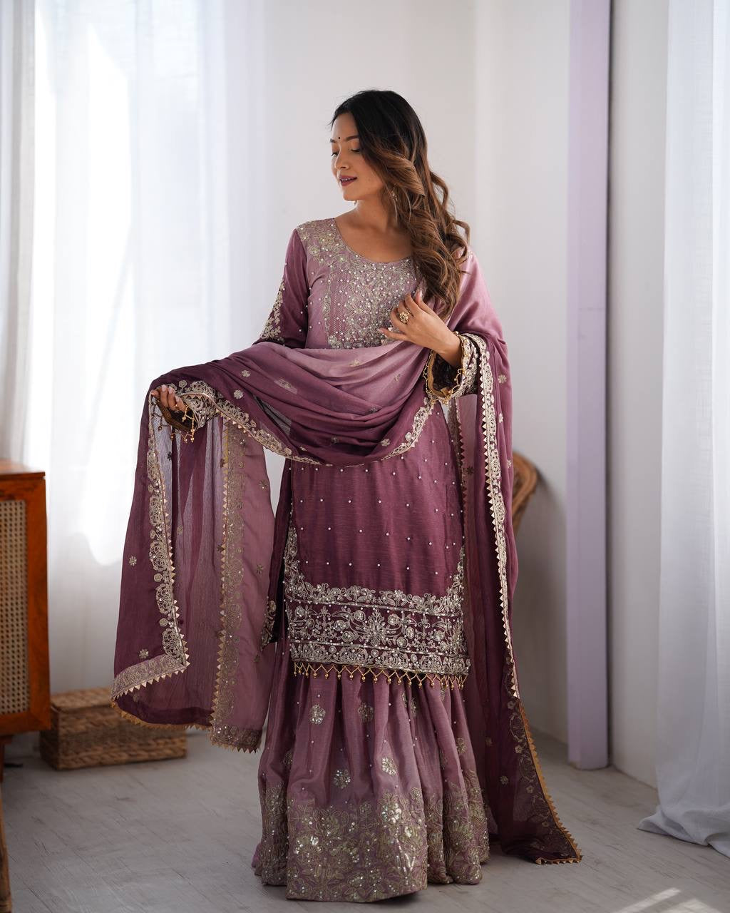 LIGHT PURPLE WEDDING WEAR CHINON SILK PLAZZO DRESS