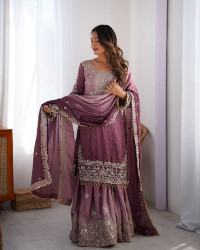 LIGHT PURPLE WEDDING WEAR CHINON SILK PLAZZO DRESS