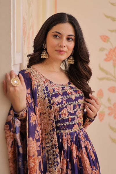 English Russian Silk Gown With Printed Dupatta