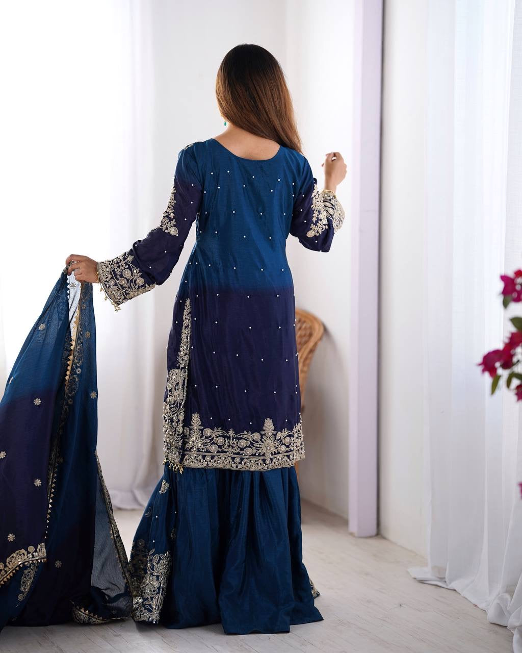 NAVY BLUE WEDDING WEAR CHINON SILK PLAZZO DRESS