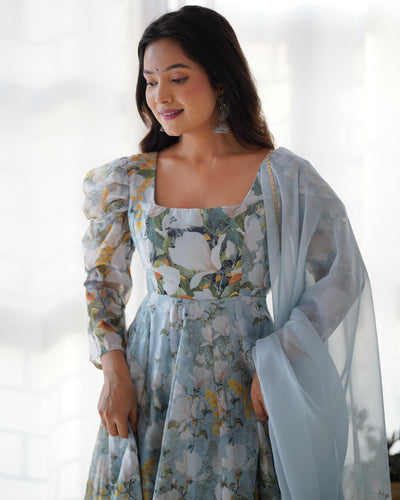 Floral Print Pure Organza Silk Anarkali Set with Dupatta and Ready-to-Wear Pant