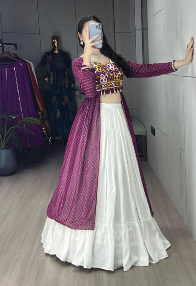 Wine Color Georgette Leheriya Printed Kurti With Traditional Lehenga
