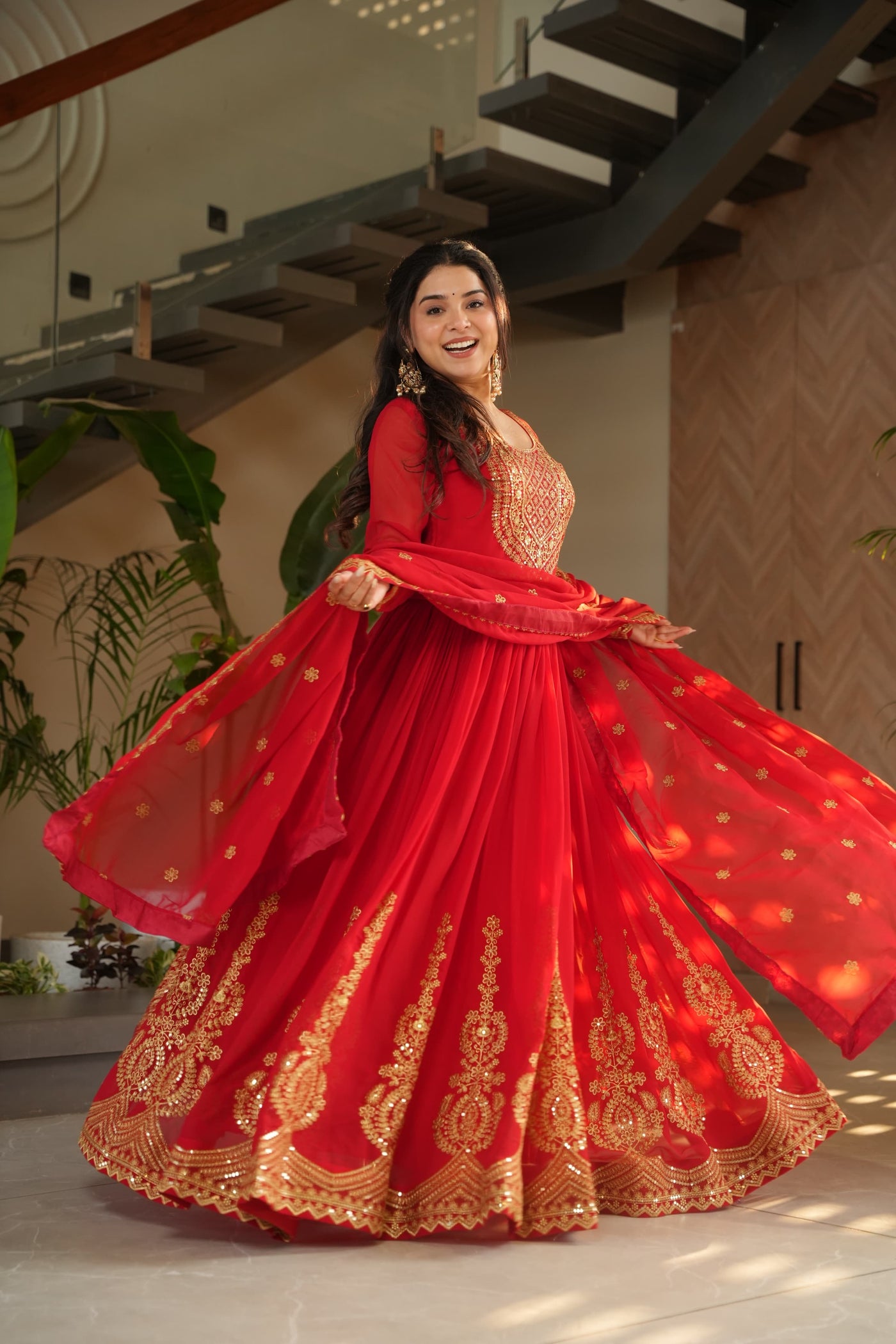 Ethnic Faux Blooming Gown With Embroidery Dupatta