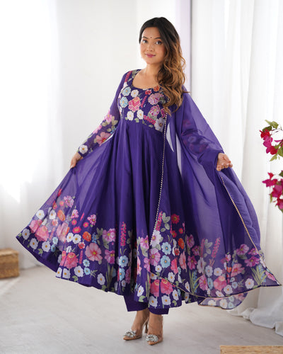 Floral Printed Organza Anarkali Suit Set With Matching Dupatta