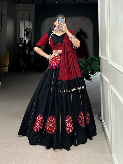 Navratri Special Black Cotton Lehenga Set With Gamthi & Mirror Work